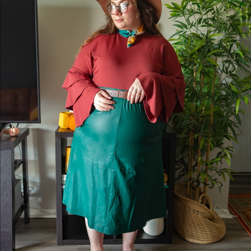 A New Day Dark Green Leather Midi Skirt